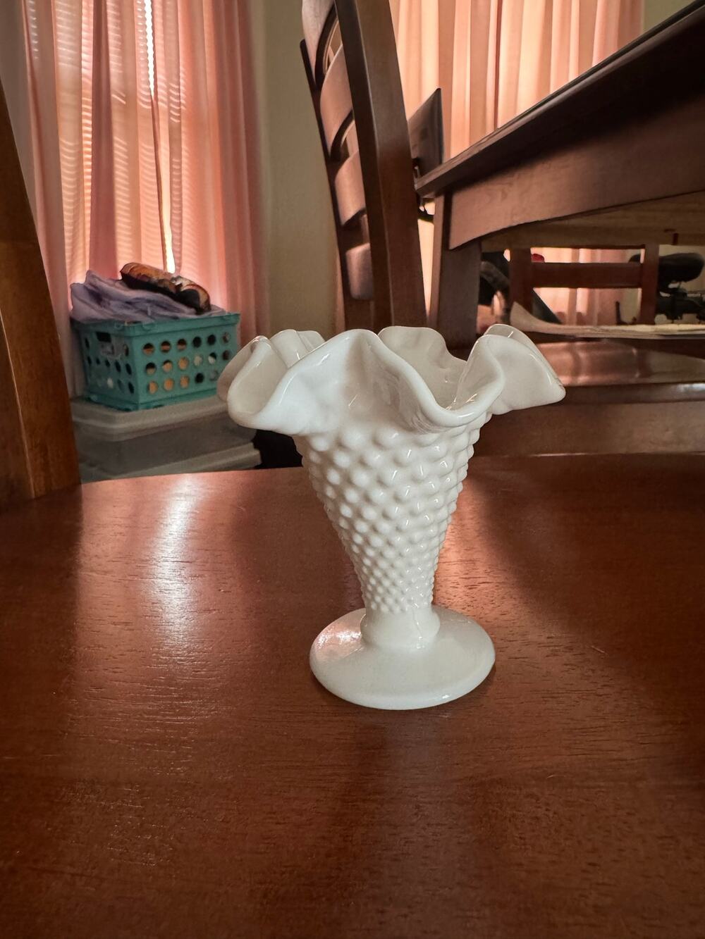 Vintage Fenton Hobnail White Milk Small Glass Vase, Ruffled Edge